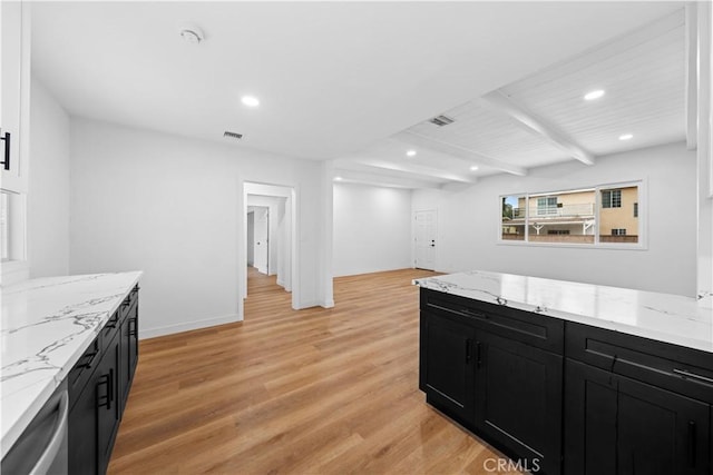 kitchen with dishwasher, beam ceiling, light hardwood / wood-style flooring, wood ceiling, and light stone counters