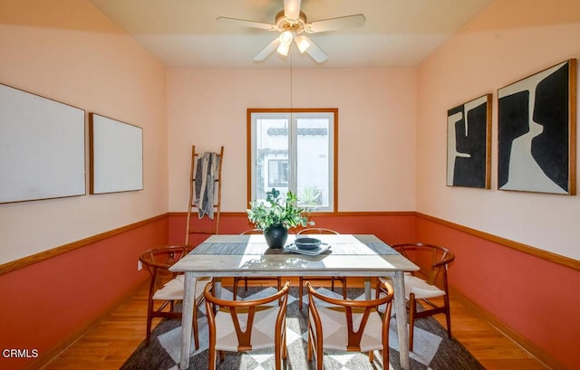 dining space with ceiling fan and light hardwood / wood-style floors