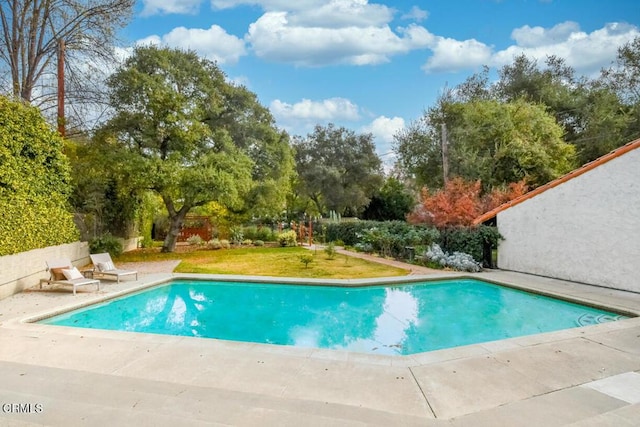 view of swimming pool with a lawn