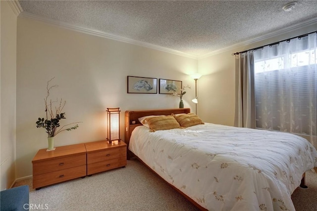 carpeted bedroom with crown molding and a textured ceiling