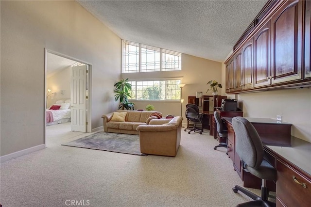 office with light carpet, a textured ceiling, and high vaulted ceiling