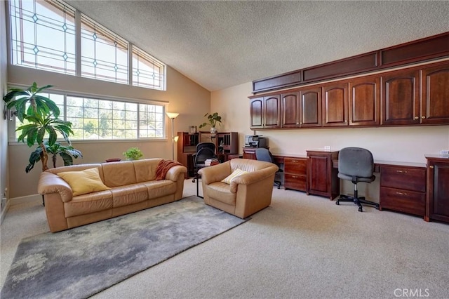 carpeted home office featuring lofted ceiling and a textured ceiling