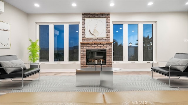 living room featuring a fireplace and light hardwood / wood-style flooring