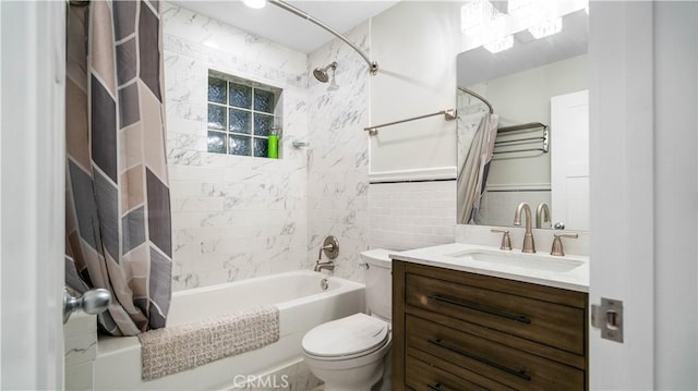 full bathroom featuring toilet, vanity, tile walls, and shower / tub combo with curtain