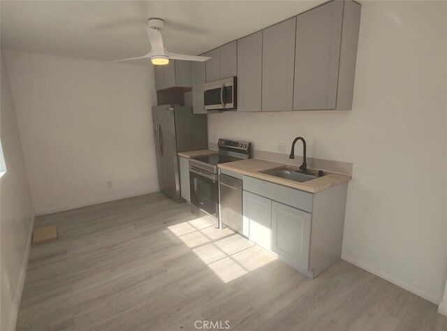 7716 Owensmouth Ave, Canoga Park, CA 91304 - kitchen featuring stainless steel appliances, a sink, gray cabinets, and light wood-style flooring