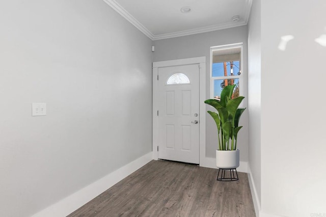 entrance foyer featuring wood finished floors, baseboards, and ornamental molding