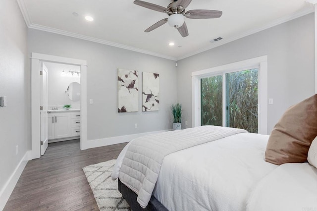 bedroom featuring recessed lighting, crown molding, dark wood-type flooring, and baseboards