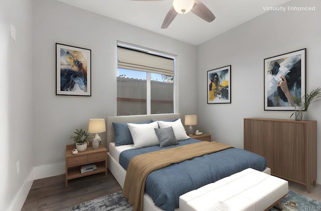 bedroom with baseboards, light wood-style floors, and a ceiling fan