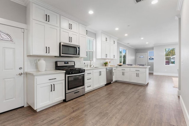 kitchen featuring tasteful backsplash, a peninsula, stainless steel appliances, and crown molding