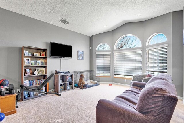 10187 Mesquite St, Oak Hills, CA 92344 - carpeted living area with lofted ceiling, a textured ceiling, and recessed lighting