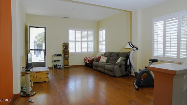 sitting room with wood-type flooring and a wealth of natural light