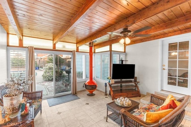 sunroom featuring wooden ceiling, a healthy amount of sunlight, and beam ceiling