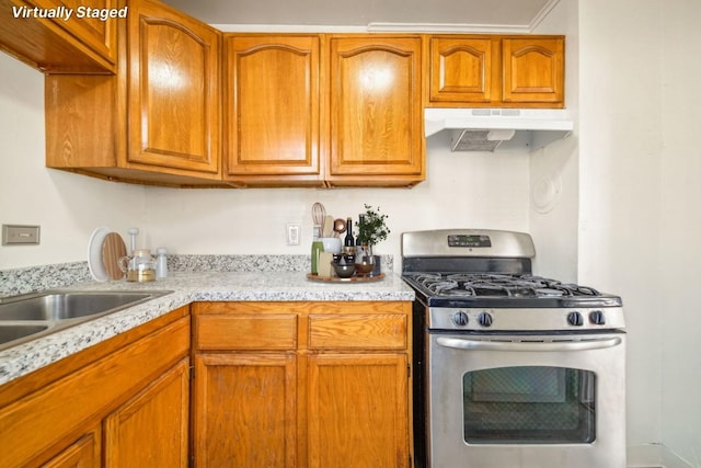 kitchen with stainless steel gas stove and sink