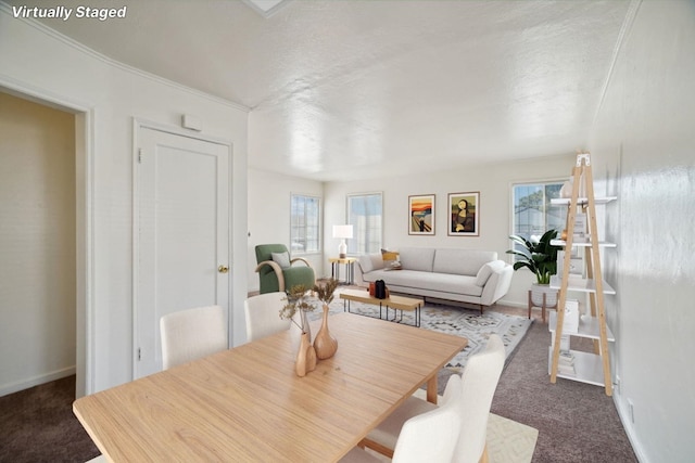 carpeted dining space featuring a textured ceiling