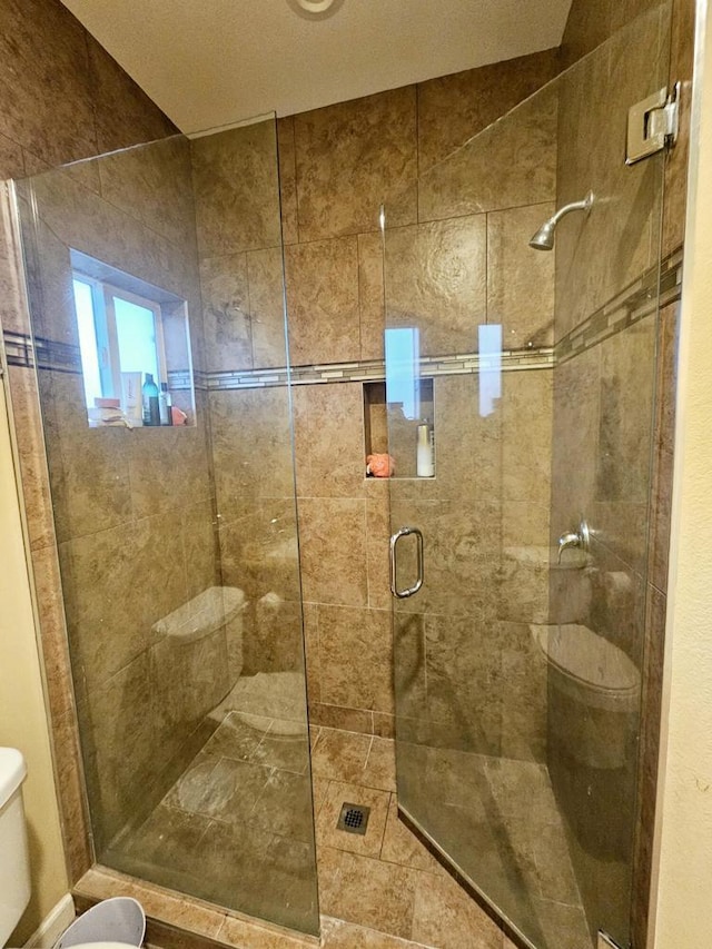 bathroom featuring toilet and a shower with door