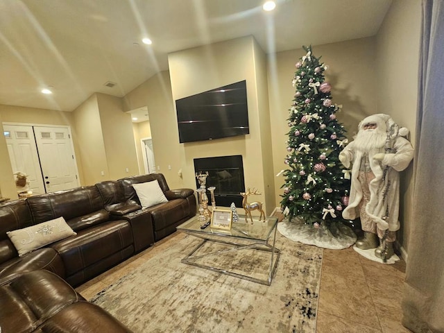 living room featuring light tile patterned flooring