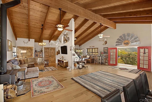 living room featuring high vaulted ceiling, a wood stove, wood ceiling, ceiling fan, and light hardwood / wood-style floors