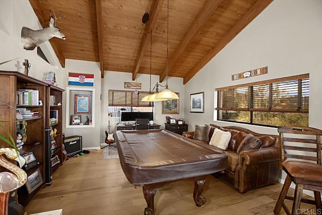 game room featuring high vaulted ceiling, wood ceiling, light hardwood / wood-style floors, and beamed ceiling