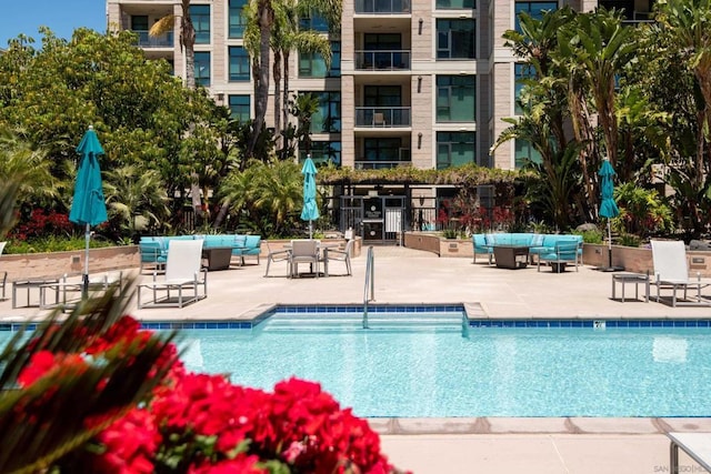 view of swimming pool featuring a patio area