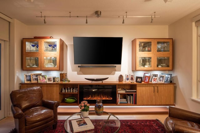 living room with track lighting and a fireplace