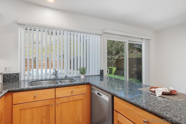 kitchen with sink, stainless steel dishwasher, and dark stone counters