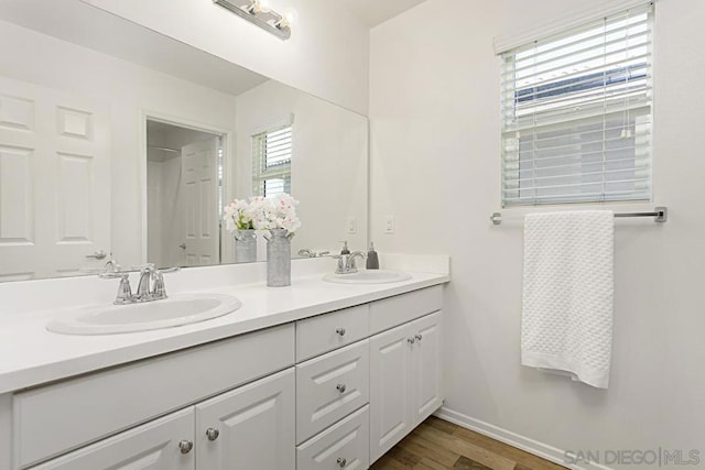 bathroom featuring vanity, wood-type flooring, and a healthy amount of sunlight