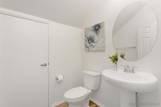 bathroom featuring toilet and lofted ceiling