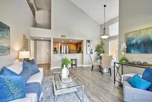 living room featuring high vaulted ceiling and hardwood / wood-style floors