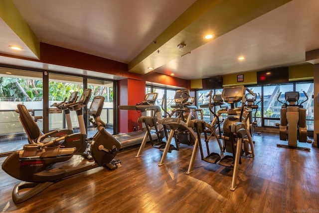 gym featuring hardwood / wood-style flooring