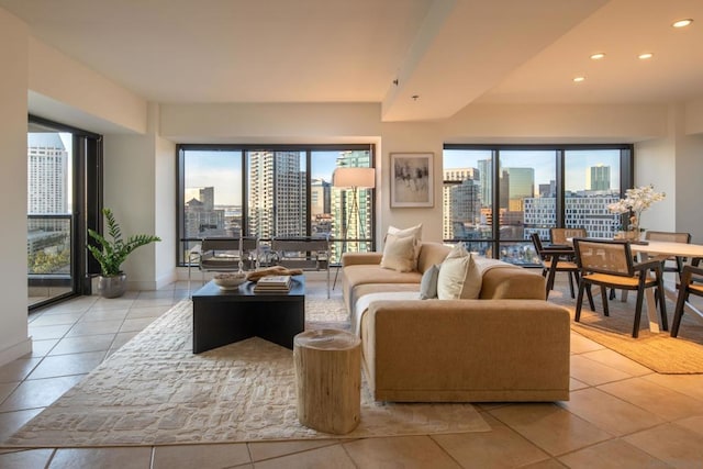 living room with light tile patterned floors