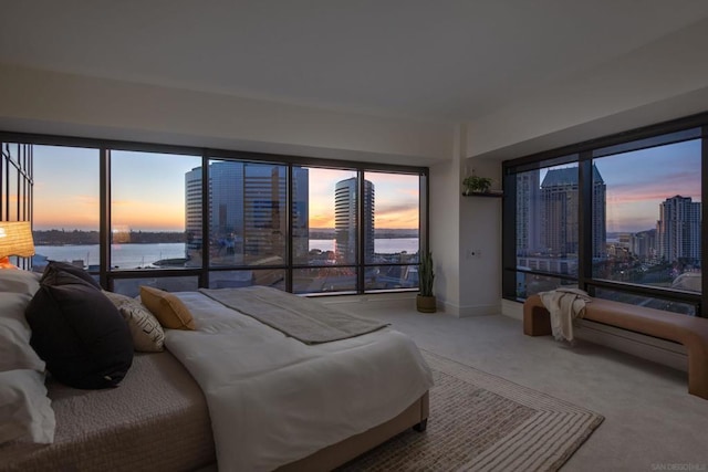 bedroom with a water view, carpet floors, and multiple windows