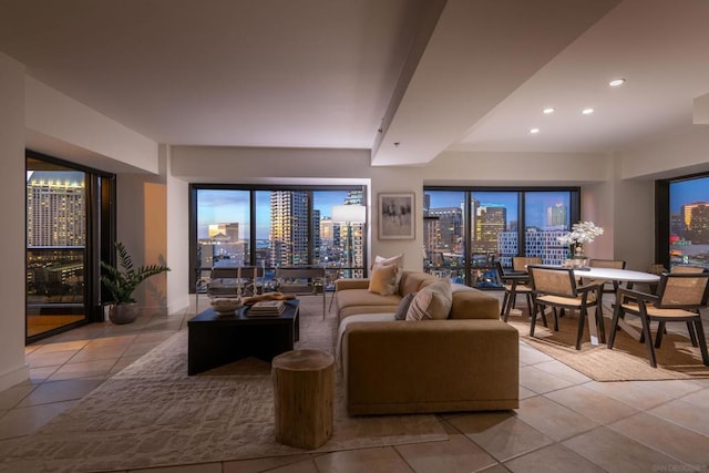 living room featuring light tile patterned floors