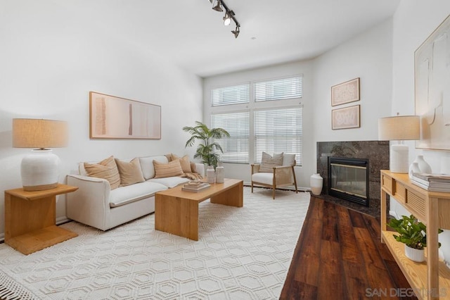 living room featuring a high end fireplace, light hardwood / wood-style floors, and rail lighting