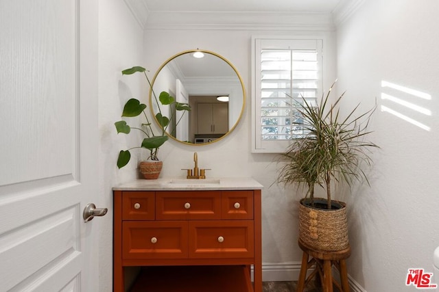 interior details with vanity and crown molding