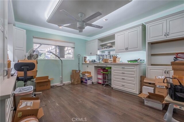 office with ceiling fan, dark hardwood / wood-style flooring, and crown molding