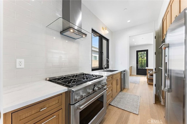 kitchen featuring backsplash, exhaust hood, sink, high end appliances, and light wood-type flooring