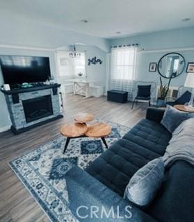 living room featuring a fireplace and wood-type flooring