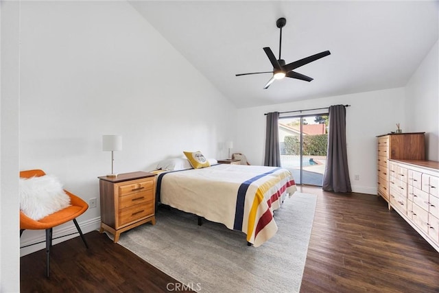 bedroom featuring access to outside, ceiling fan, dark wood-type flooring, and high vaulted ceiling