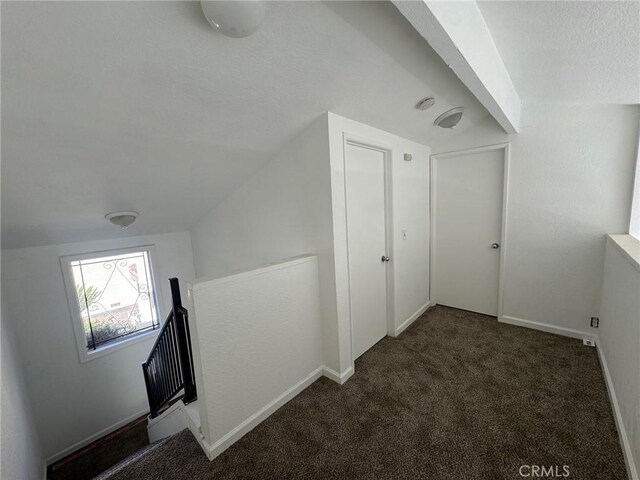 additional living space featuring dark colored carpet and lofted ceiling