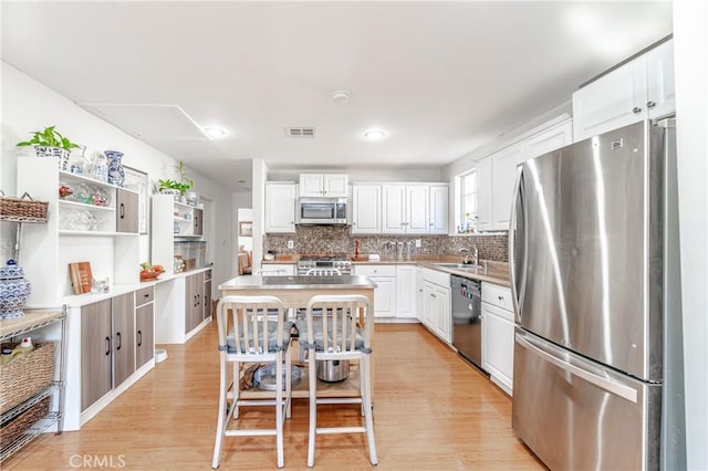 kitchen featuring stainless steel appliances, a sink, visible vents, white cabinetry, and light wood finished floors