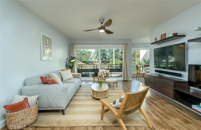 living room featuring ceiling fan and wood-type flooring