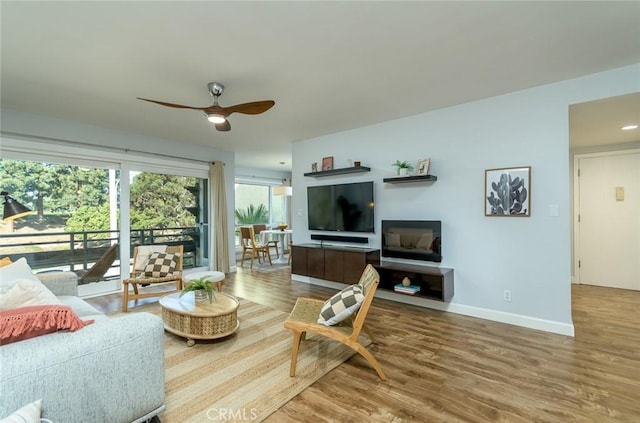 living room featuring ceiling fan and hardwood / wood-style flooring