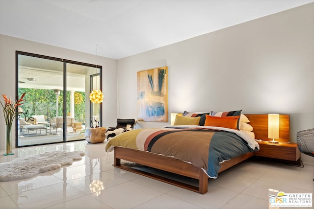 tiled bedroom with access to outside and vaulted ceiling