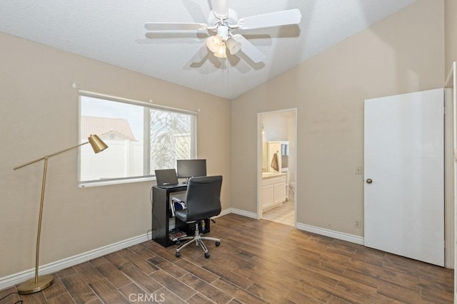 home office featuring ceiling fan and vaulted ceiling