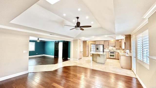 kitchen with a raised ceiling, ceiling fan, light wood-type flooring, and stainless steel appliances