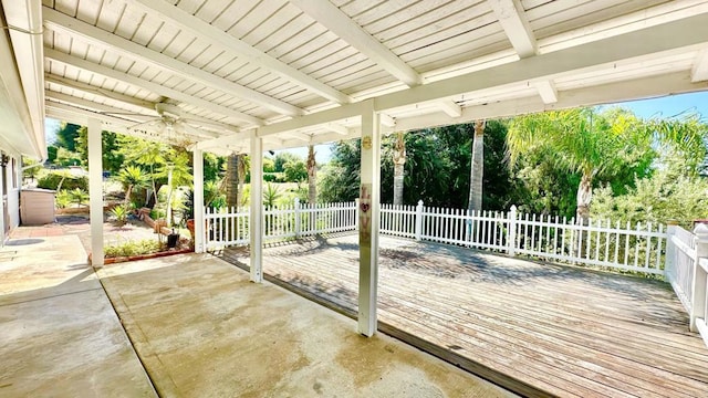 wooden deck with ceiling fan and a patio