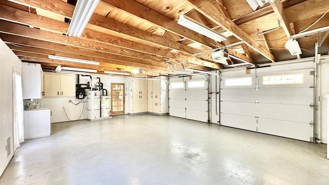 garage featuring a garage door opener and gas water heater