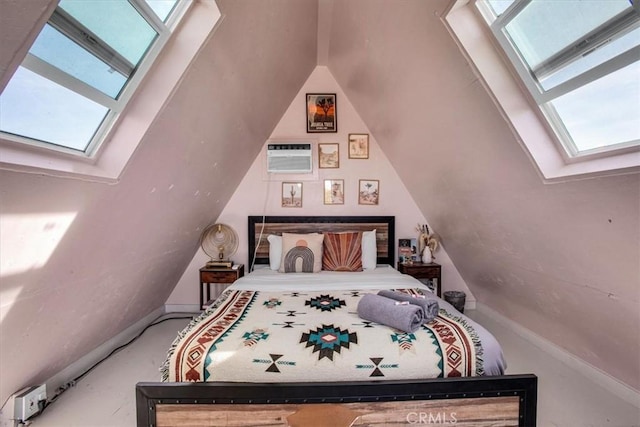 59427 La Crescenta Dr, Yucca Valley, CA 92284 - bedroom with vaulted ceiling with skylight, multiple windows, and a wall mounted AC