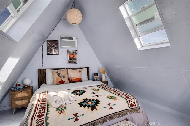 bedroom featuring an AC wall unit and vaulted ceiling