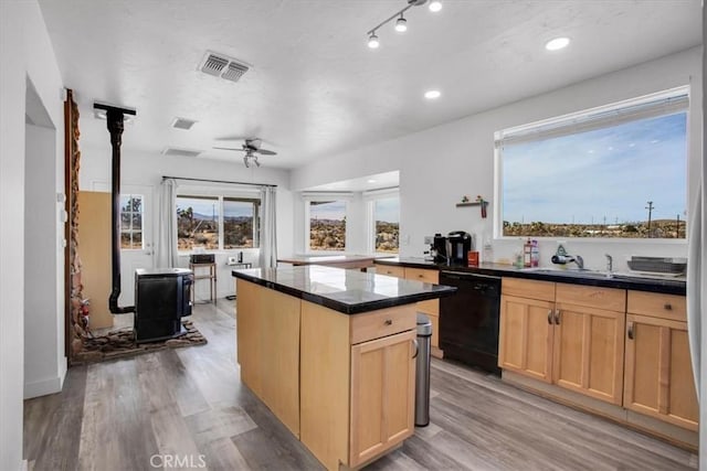 59427 La Crescenta Dr, Yucca Valley, CA 92284 - kitchen with light wood-style floors, a wood stove, visible vents, black dishwasher, and a sink